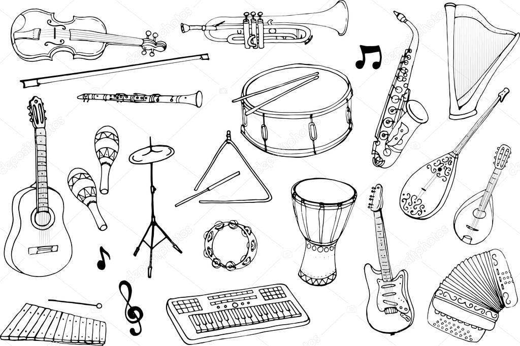 Vector set of musical instruments. Cartoon monochrome isolated o