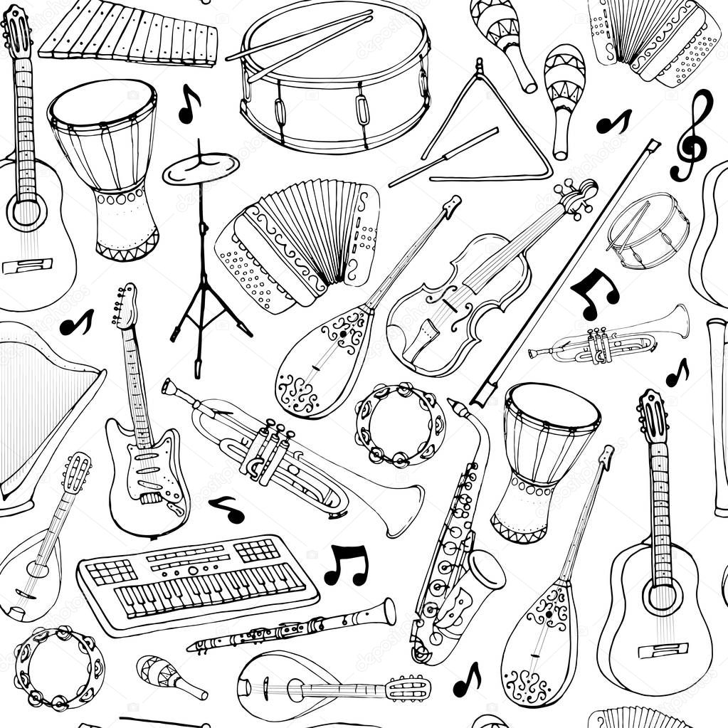 Vector seamless pattern of musical instruments. Linear hand draw