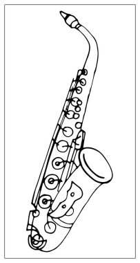 Saksafonlu vektör tebrik kartı. Doğrusal el çizimi resimleme.