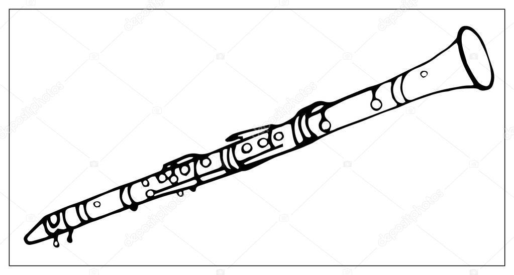 Vector greeting card with clarinet. Linear hand drawn illustration.