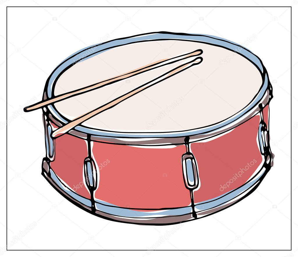 Vector greeting card with drum. Multicolored hand drawn illustration.
