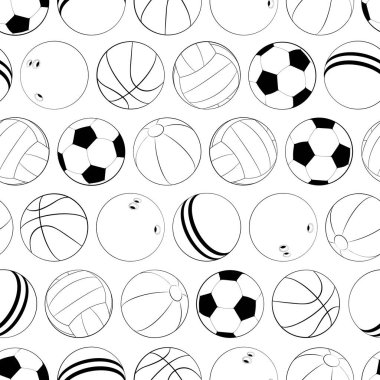 Spor topları vektörsüz desen. Web tasarımı, logo, simge, uygulama ve UI için düz vektör çizimi. Beyaz üzerine izole hisse senedi illüstrasyonu.