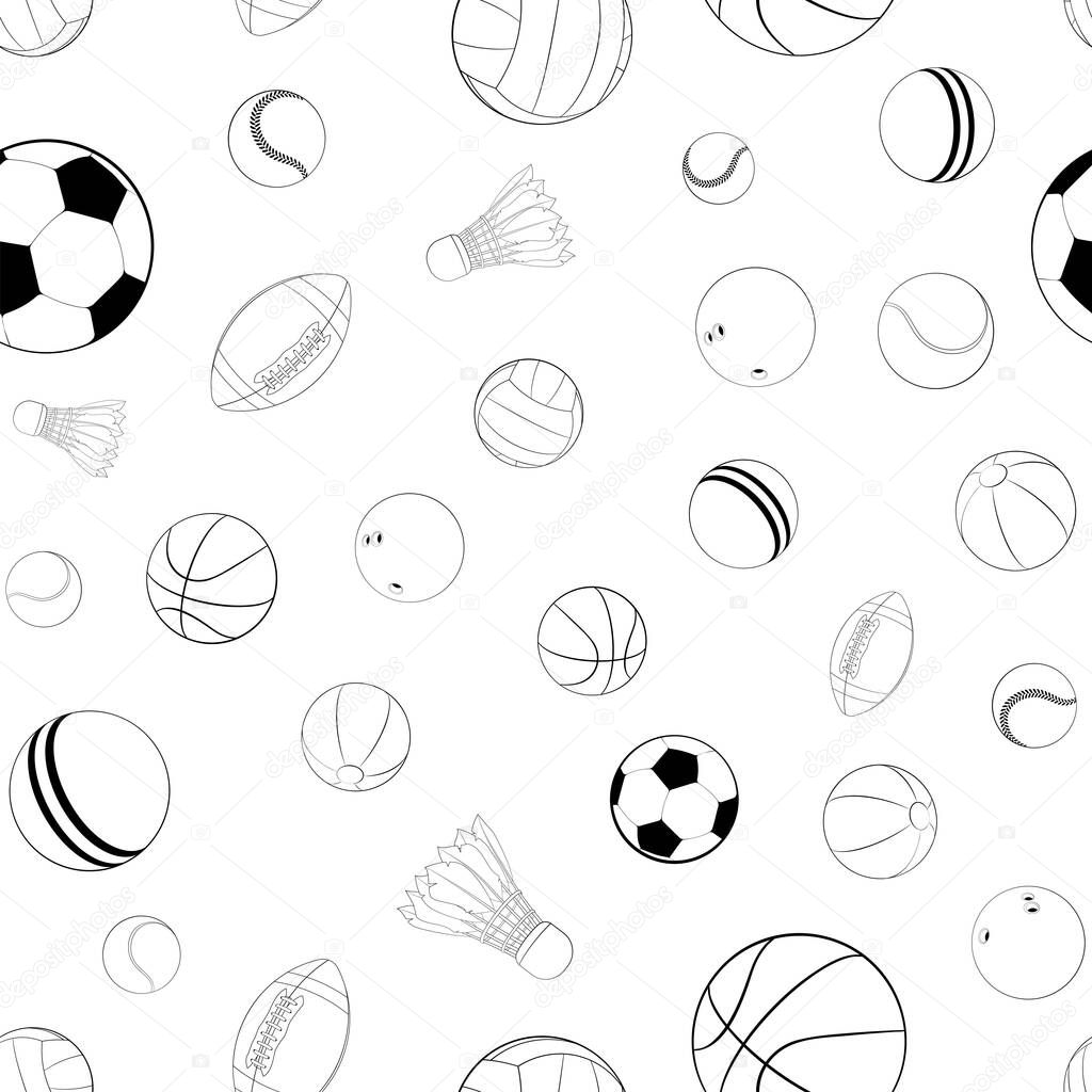 Sports balls vector seamless pattern. Flat vector illustration for web design, logo, icon, app, UI. Isolated stock illustration on white.