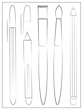 El çizimi kırtasiye seti. Vektör Hattı çizimi. Okul aksesuarları ve malzemeleri. Kalem, Kalem ve Fırçalar
