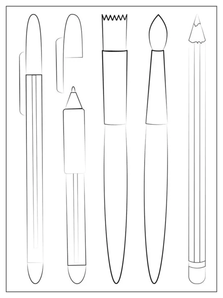 Conjunto de papelaria desenhado à mão. Ilustração do Vector Outline. Conjunto de acessórios e materiais escolares. Lápis, canetas e pincéis —  Vetores de Stock