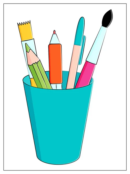 Sokszínű iskolai kellékek. Írószerek egy pohárban. Vektorlapos illusztráció ceruzával, tollal és ecsettel — Stock Vector