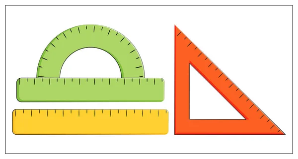 Cetvel, düz cetvel, üçgen cetvel ve açıölçerin vektör düz çizimi. Okul malzemeleri. Ölçüm aracı. Vektör çizgisi simgesi. Web, logo, simge, uygulama, UI için. Beyazda izole edilmiş.