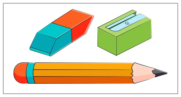 Conjunto Vetores Ícone Plano Vector Ilustração Plana Lápis Borracha Apontador —  Vetores de Stock