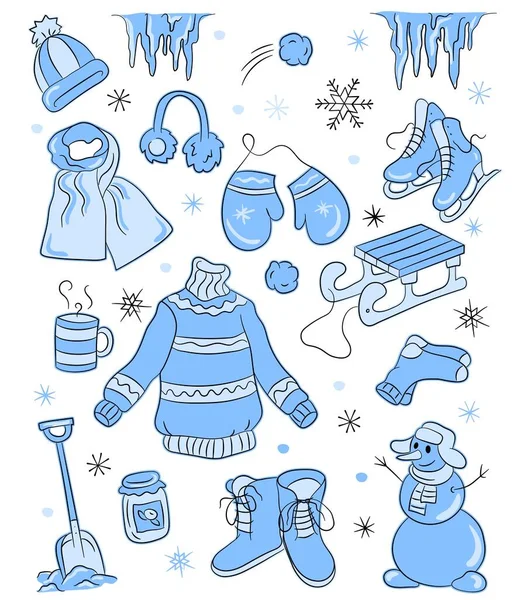 かわいい雪だるま、帽子、スカーフ、その他の冬のオブジェクトで設定されたステッカー。クリスマスと新年のデザイン。平漫画風 — ストックベクタ