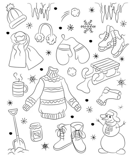 Güzel kardan adam, şapka, atkı ve diğer kış nesneleriyle dolu çıkartma seti. Noel ve Yeni Yıl tasarımı. Düz çizgi film biçimi — Stok Vektör