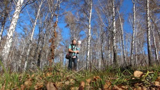 秋の森を歩く手で娘を持つ父 — ストック動画