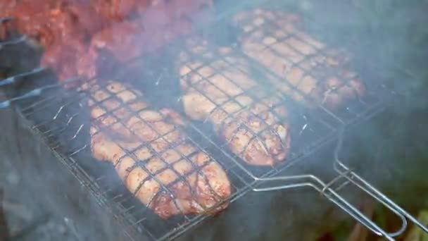 Das saftige Fleisch wird auf dem Grill gebraten. Hühnchen und Rindfleisch in Rauch — Stockvideo