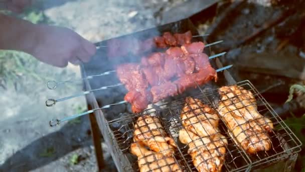 기름기많은 고기는 그릴에 튀겨 먹는다. 연기에 탄 닭고기와 쇠고기 — 비디오