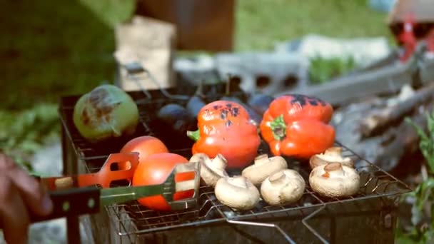 Mens hand turning vegetables on the grill — Stock video