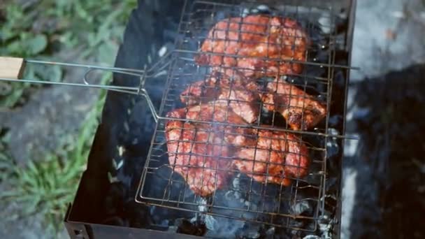 Carnea de porc suculentă este gătită pe un gratar în aer liber. Conceptul de picnic . — Videoclip de stoc