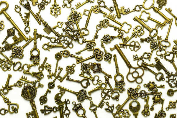 Pile Brass Antique Keys Isolated White Background — Stock Photo, Image