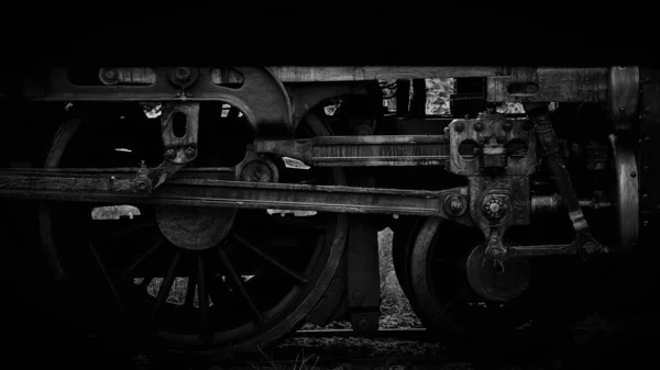 Old Steam Locomotive Wheel Rods Monochrome — Stock Photo, Image