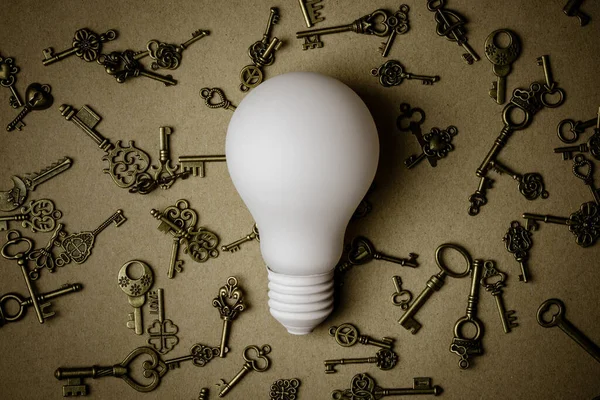 White Light Bulb Many Keys Brown Paper Background — Stock Photo, Image