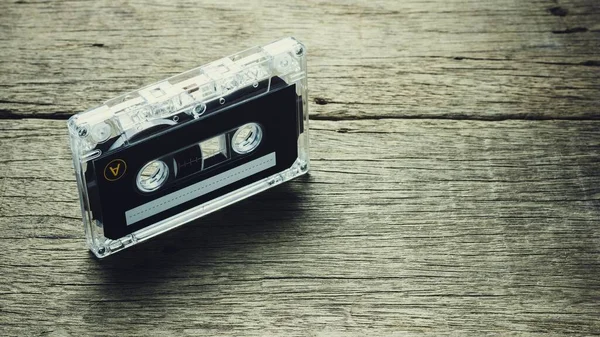 Vintage Audio Cassette Tapes Wooden Background Vintage Backdrop Style — Stock Photo, Image