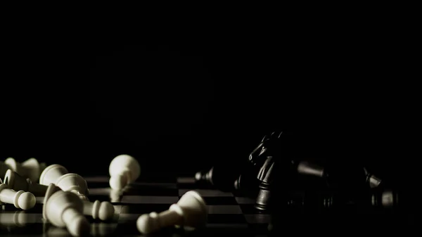 Черные Конные Шахматы Стоят Одни Шахматной Доске Темноте Победитель Бизнеса — стоковое фото