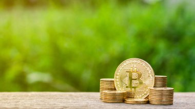Altın bitcoin madenciliği. - Altın sikkeler altın paralar masanın üstünde..