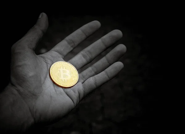 Bitcoin Dorado Brillante Mano — Foto de Stock