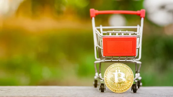 Minería Bitcoins Oro Bitcoins Oro Carrito Compras Sobre Mesa — Foto de Stock