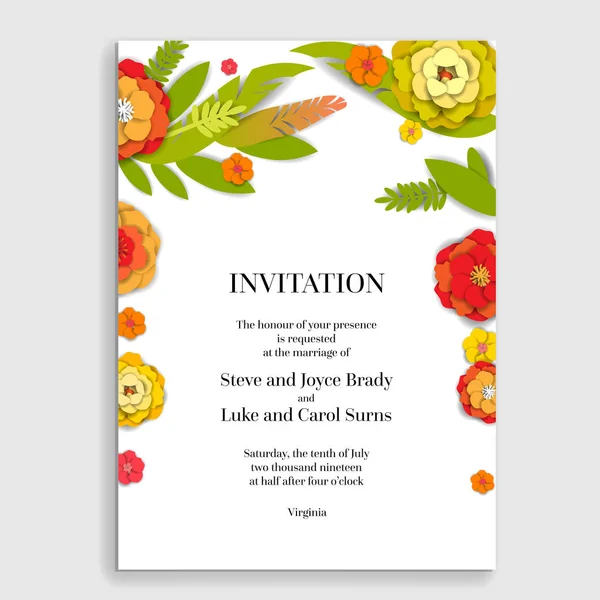 Carte Florale Invitation Mariage Papier Fleurs Coupées Pour Décor Effet — Image vectorielle