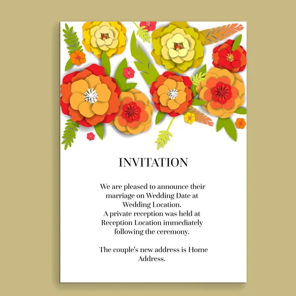 Tarjeta Floral Invitación Boda Papel Flores Cortadas Para Decoración Efecto — Archivo Imágenes Vectoriales