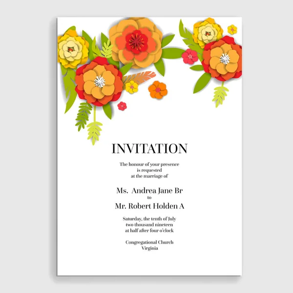 Carte Florale Invitation Mariage Fleurs Coupées Papier Pour Décor Effet — Image vectorielle