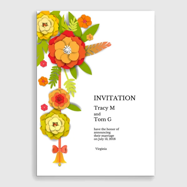 Convite Casamento Cartão Floral Flores Corte Papel Para Decoração Efeito —  Vetores de Stock