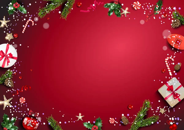 明るい赤のクリスマス背景装飾と枝 — ストックベクタ