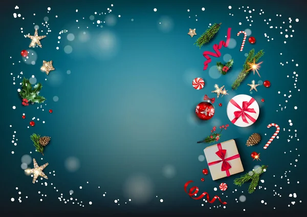 Noel Baubles Yıldız Hediye Kutuları Köknar Ağacı Dalları Peri Mavi — Stok Vektör