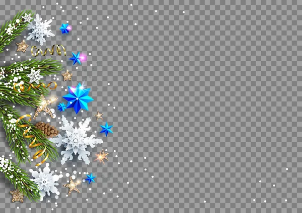 Kerstkaart Met Feestelijke Kaart Decoraties Kerstballen Sterren Sneeuwvlokken Geïsoleerde Achtergrond — Stockvector