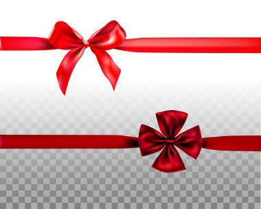 Tatil kırmızı yay için dekor beyaz arka plan üzerinde ayarlayın. Dekoratif kurdeleler tasarım öğesi.