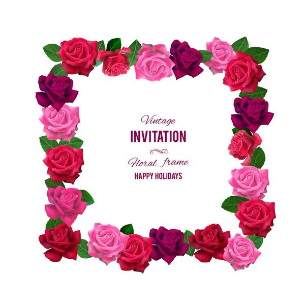 Roses Beautiful Flowers Frame Template Design Holiday Cards — Stock Vector