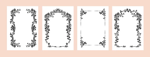 Black Elegant Frames Set Roses Holiday Design Wedding Anniversary Party — Stock Vector