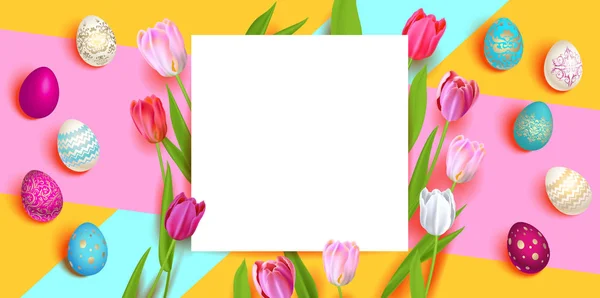 幸せなイースター ホリデー カード 美しい背景にリアルな着色イースターエッグ チューリップ お祝いベクトル図 — ストックベクタ