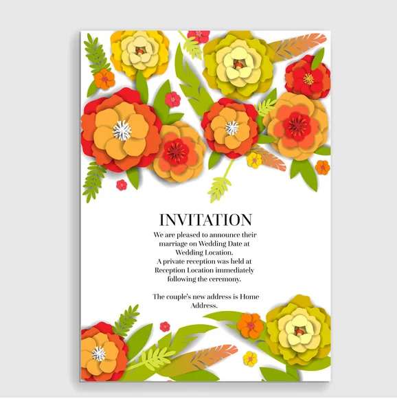 Hochzeitseinladung Blumenkarte Papierschnittblumen Als Dekor Realistische Wirkung Helles Urlaubsdesign — Stockvektor