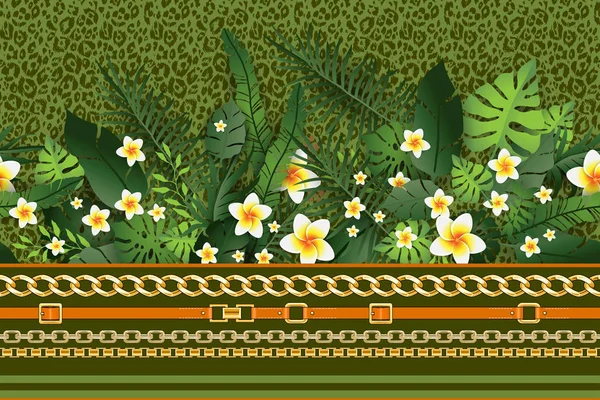 Tropiska Blommor Och Löv Fläckig Leopard Bakgrund — Stock vektor