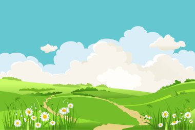 Tasarım banner, yeşil çim ve mavi gökyüzü için yaz manzara  
