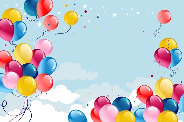 Εορταστική Φόντο Μπαλόνια Και Σημαίες Κατά Του Γαλάζιου Ουρανού Σύννεφα — Διανυσματικό Αρχείο