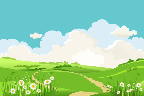 Zomerlandschap Voor Design Banner Groen Gras Blauwe Lucht — Stockvector