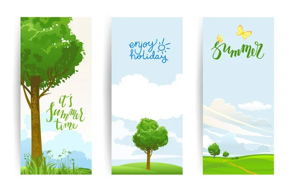 Summer Landscape Design Banner Green Grass Blue Sky — Stock Vector