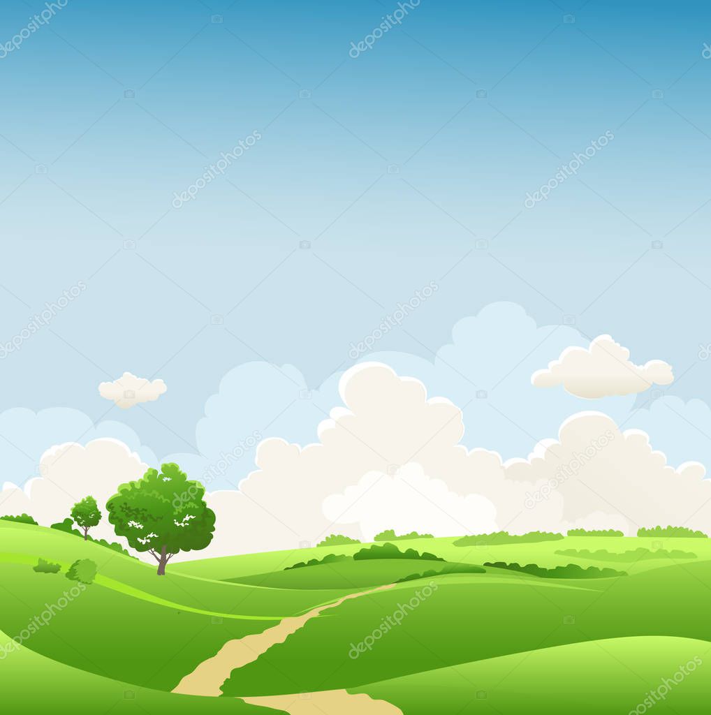 Summer landscape for design banner, green grass and blue sky  