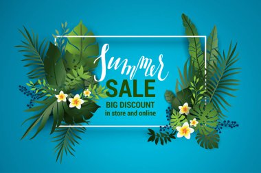 Palmiye yaprakları ve çiçekleri ile Yaz satış afiş