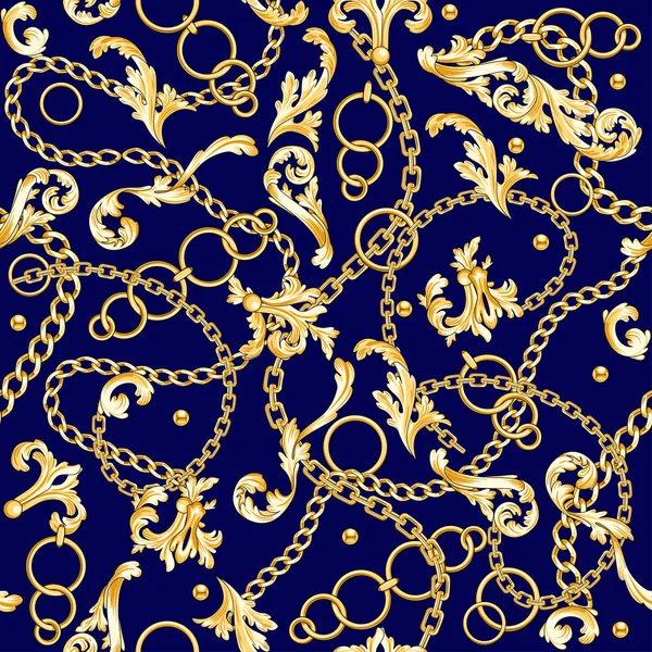 Golden Baroque Elements Flourishes Chains Mixed Blue — Stock Vector