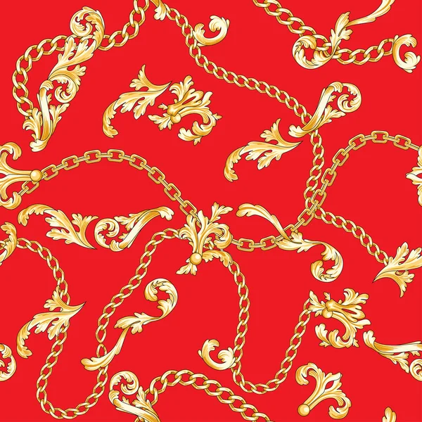 Golden Baroque Elements Flourishes Chains Mixed Red Background — Stock Vector