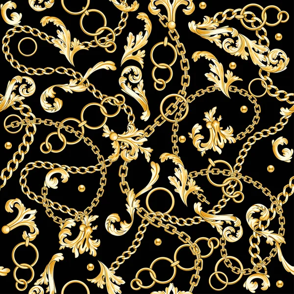 Golden Baroque Elements Flourishes Chains Mixed Black Background — Stock Vector