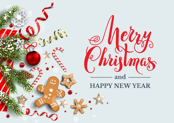 Light Card Festive Decorations Baubles Stars Snowflakes Gingerbread Christmas Festive — Stock Vector